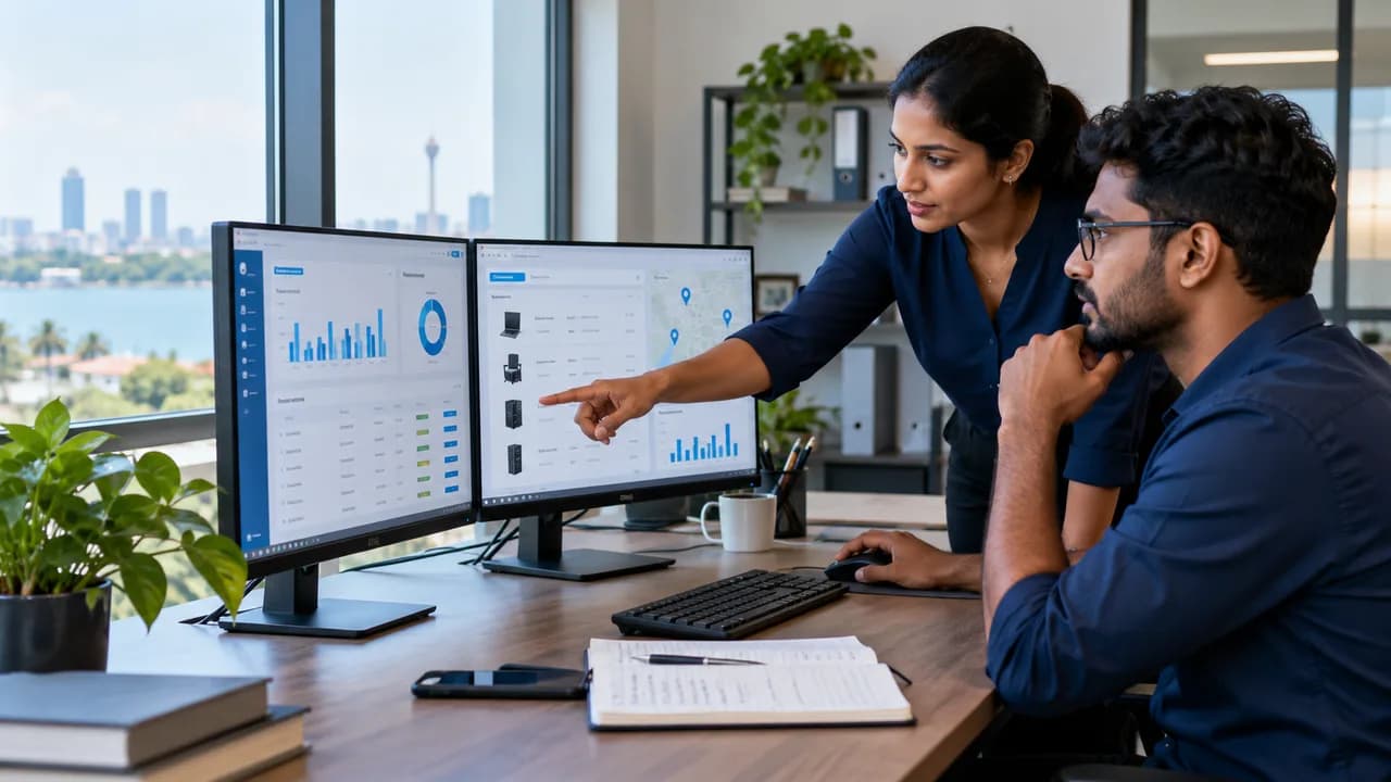 Illustrative business team reviewing operational information