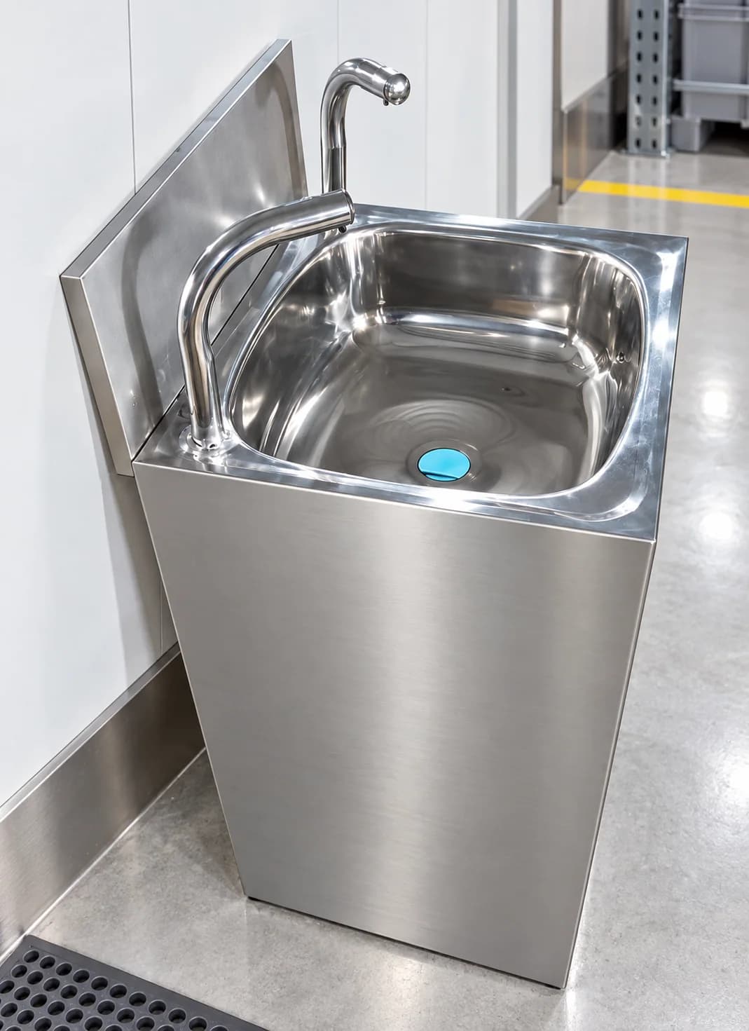 AI-enhanced angled view of a fully automatic stainless-steel wash basin
