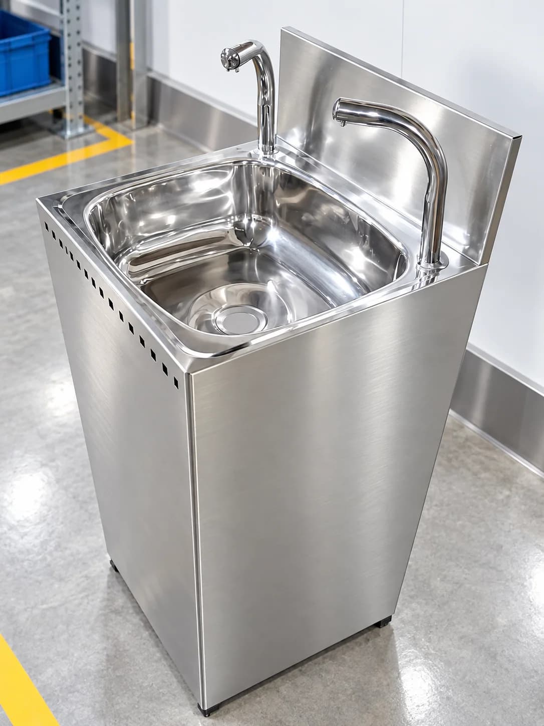 AI-enhanced fully automatic stainless-steel wash basin in a factory hygiene area