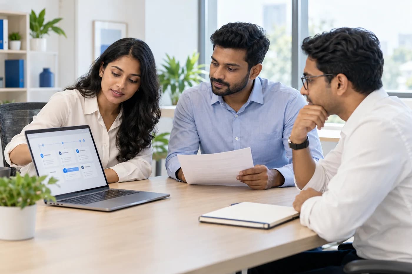 Illustration of an operations team reviewing a digital approval workflow