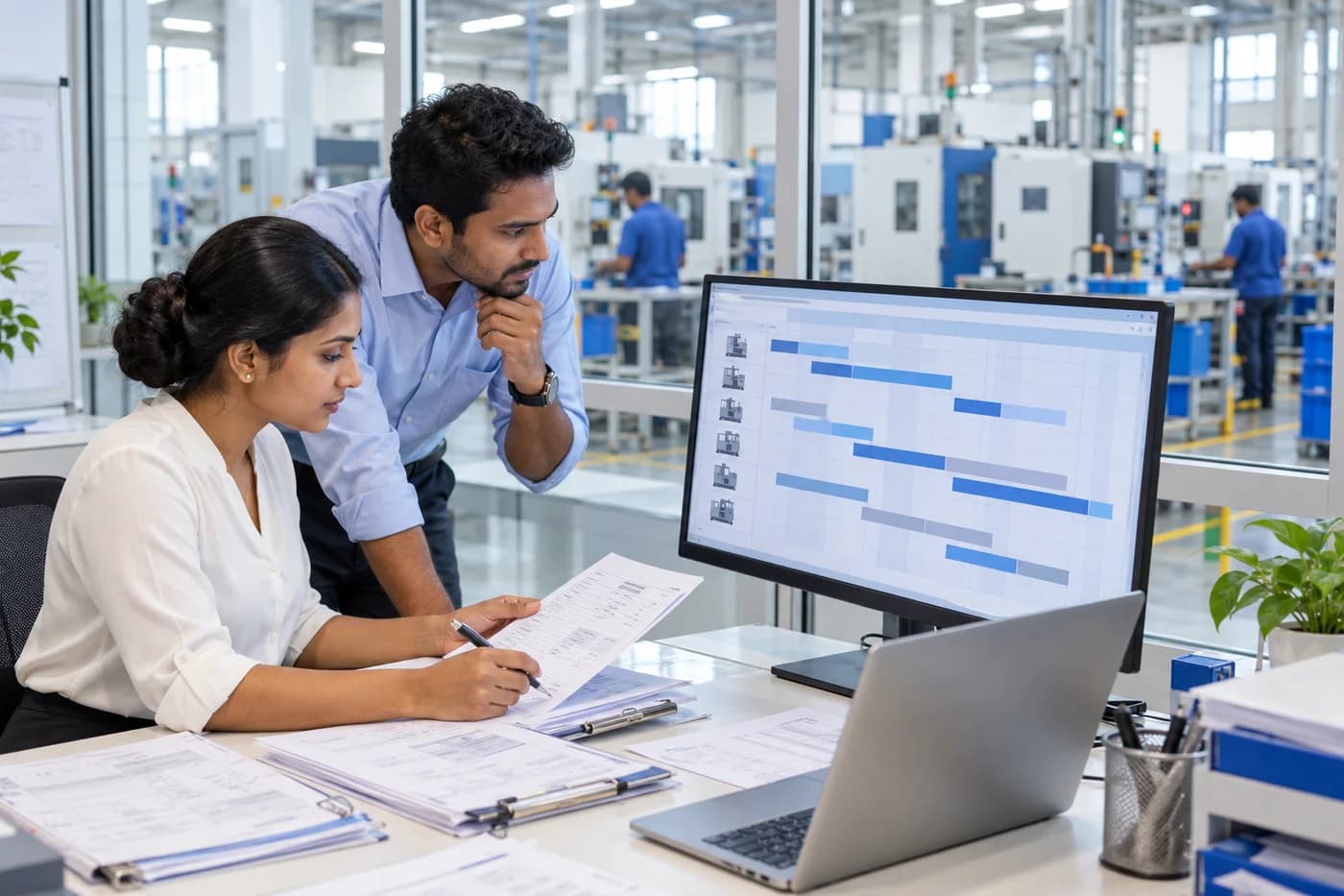 Illustration of production planners reviewing a factory scheduling board