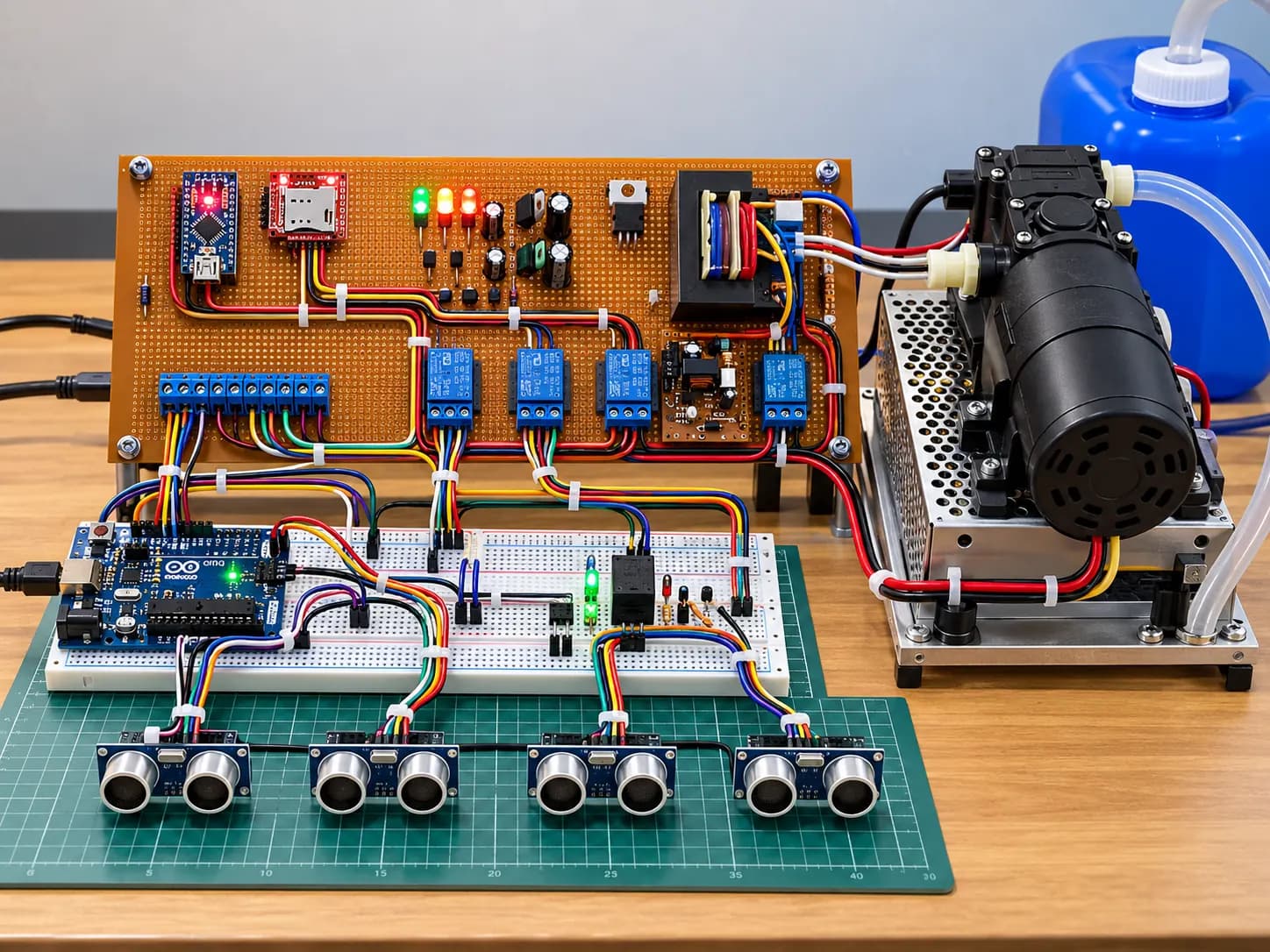 Sanitizing chamber controller prototype with sensors, relay outputs and pump hardware