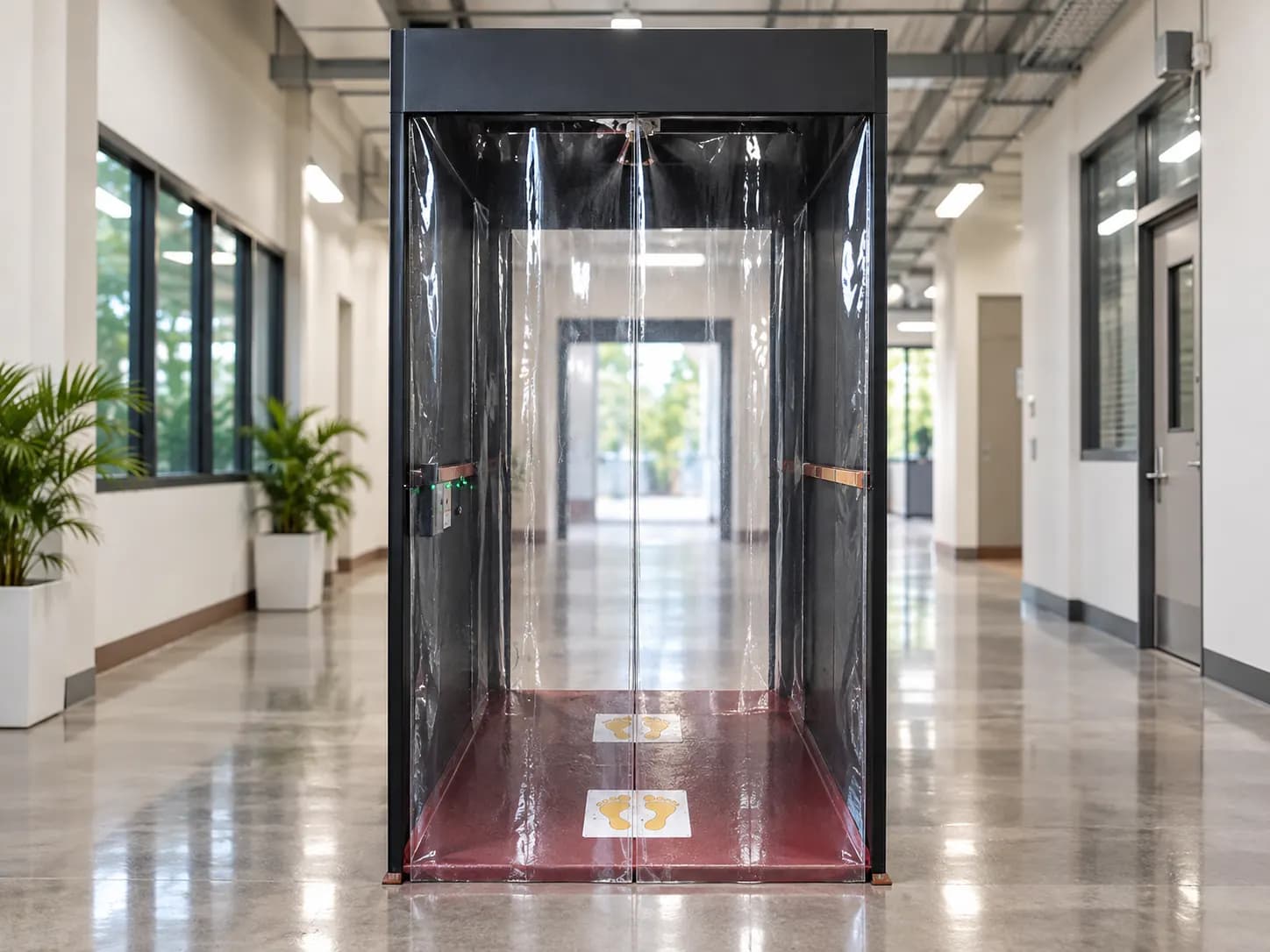 Fully automatic sanitizing chamber positioned in an industrial lobby
