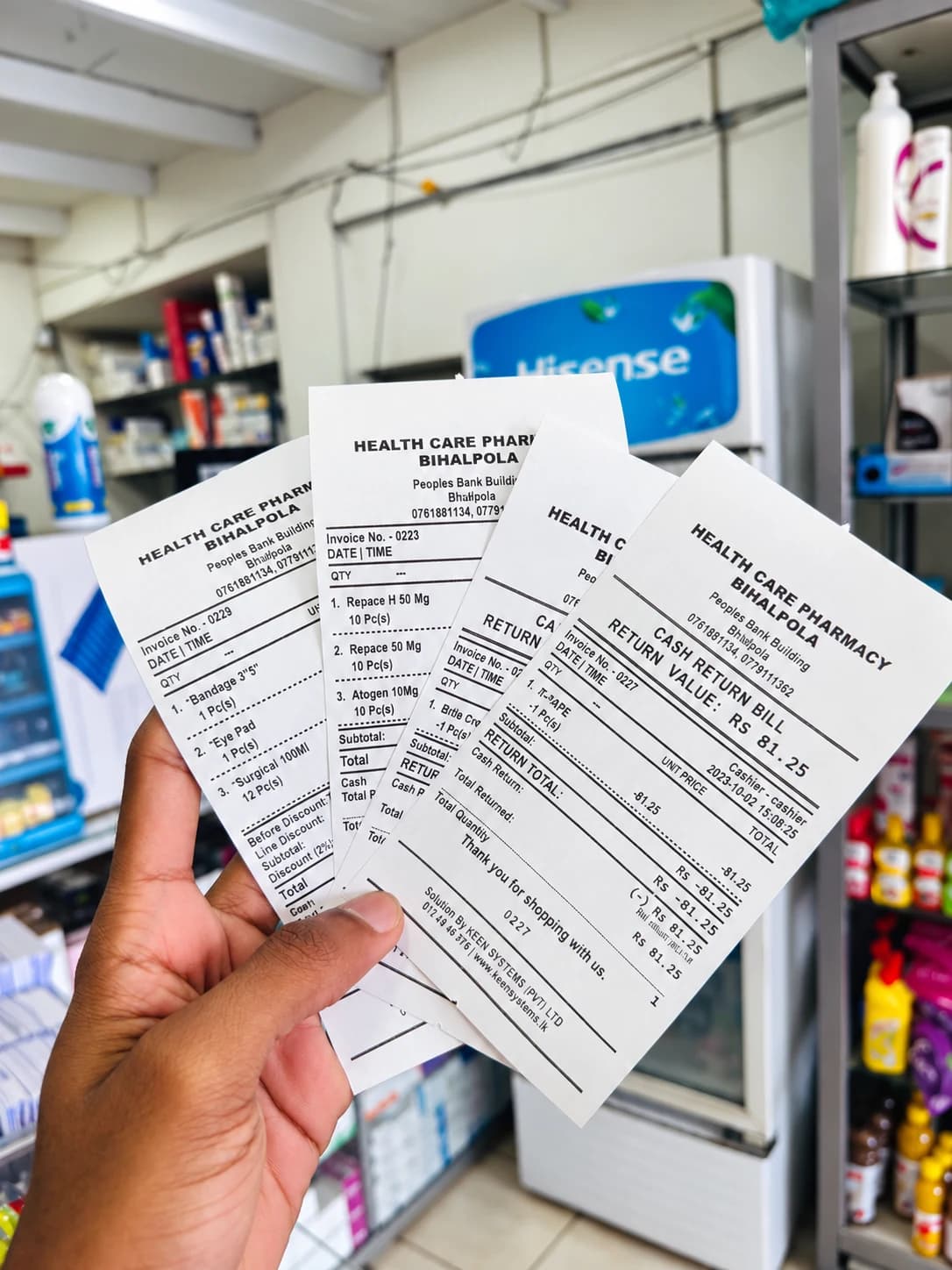 Health Care Pharmacy Bihalpola receipt and return-bill samples