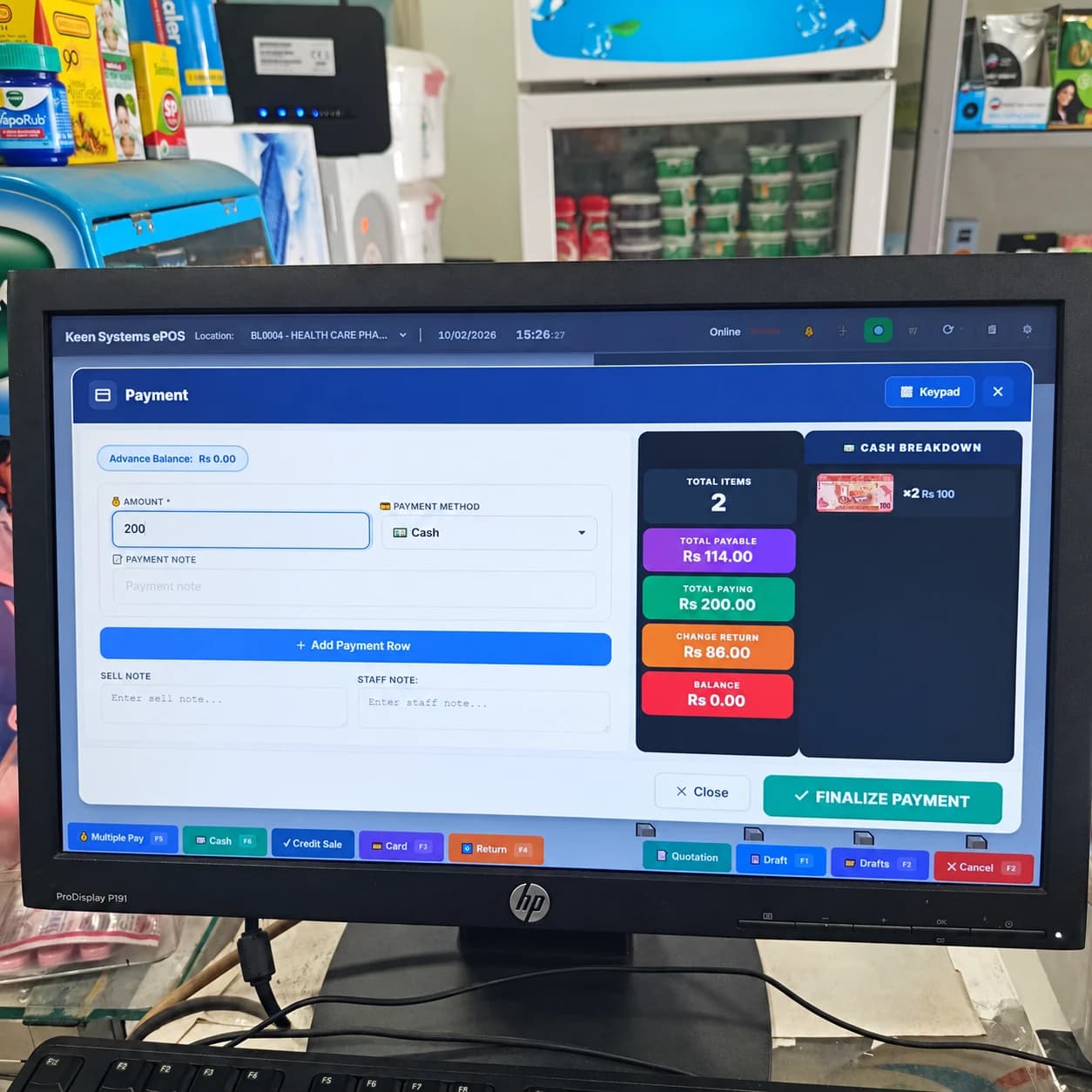 Keen Systems ePOS payment dialog at Health Care Pharmacy