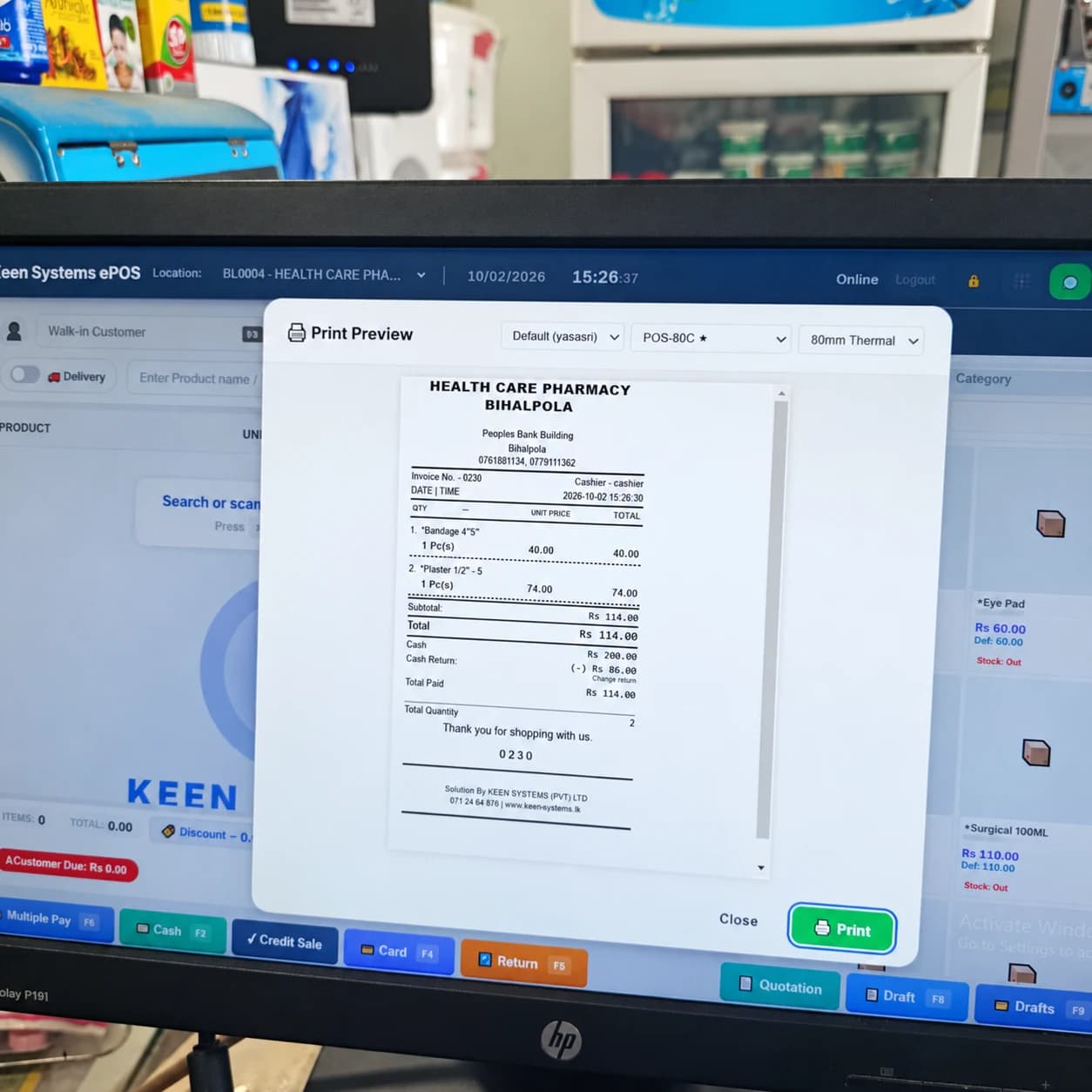 Receipt print preview in the Health Care Pharmacy ePOS application