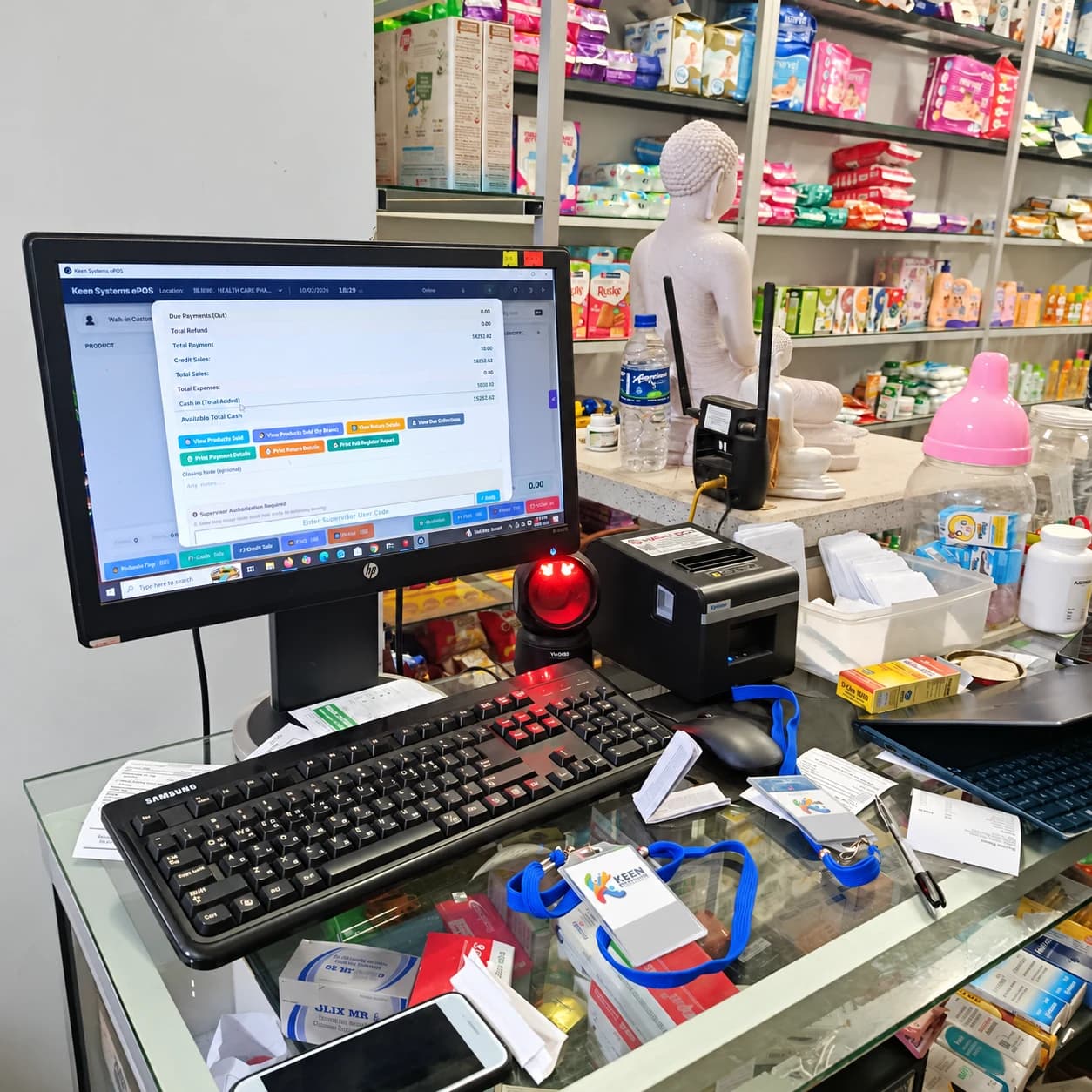 Health Care Pharmacy register workstation with scanner and receipt printer
