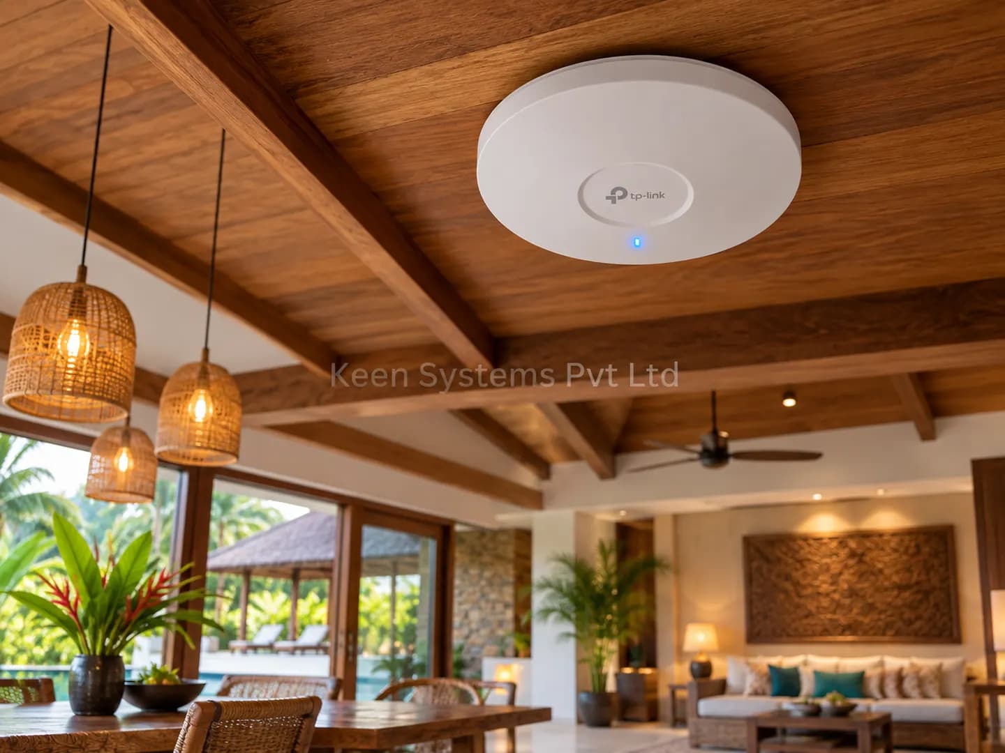 Ceiling-mounted access point in The Monkey House timber interior