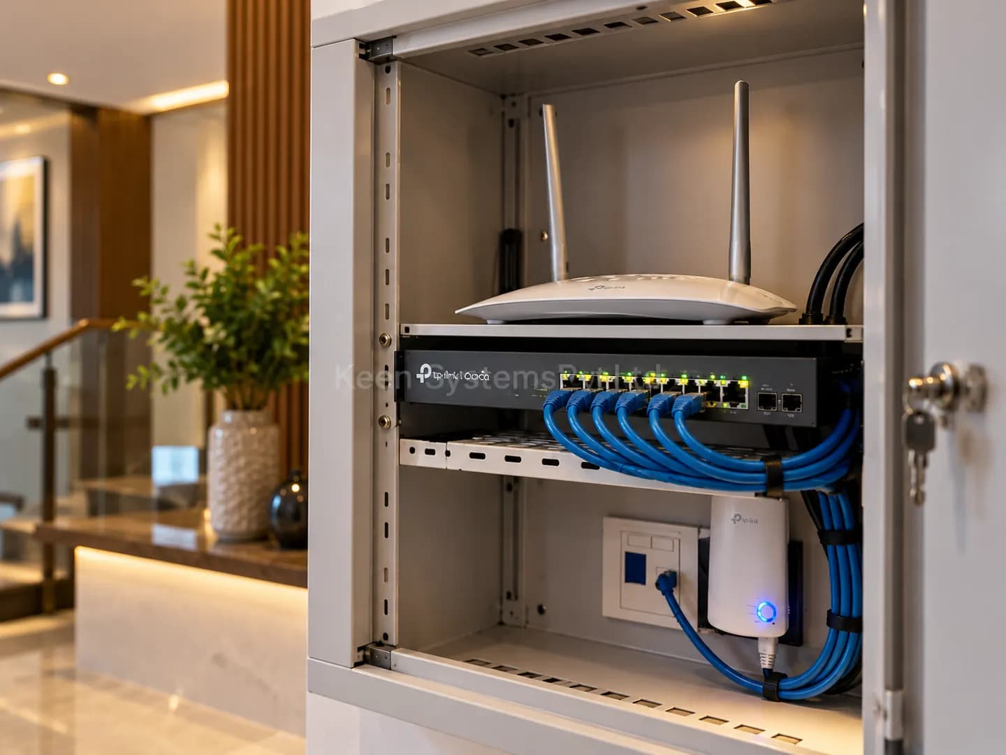 Network rack with TP-Link equipment and organized blue cabling