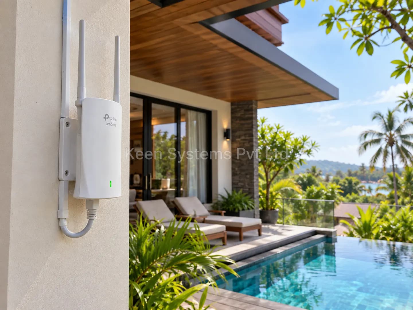 Outdoor TP-Link Omada access point beside the villa pool