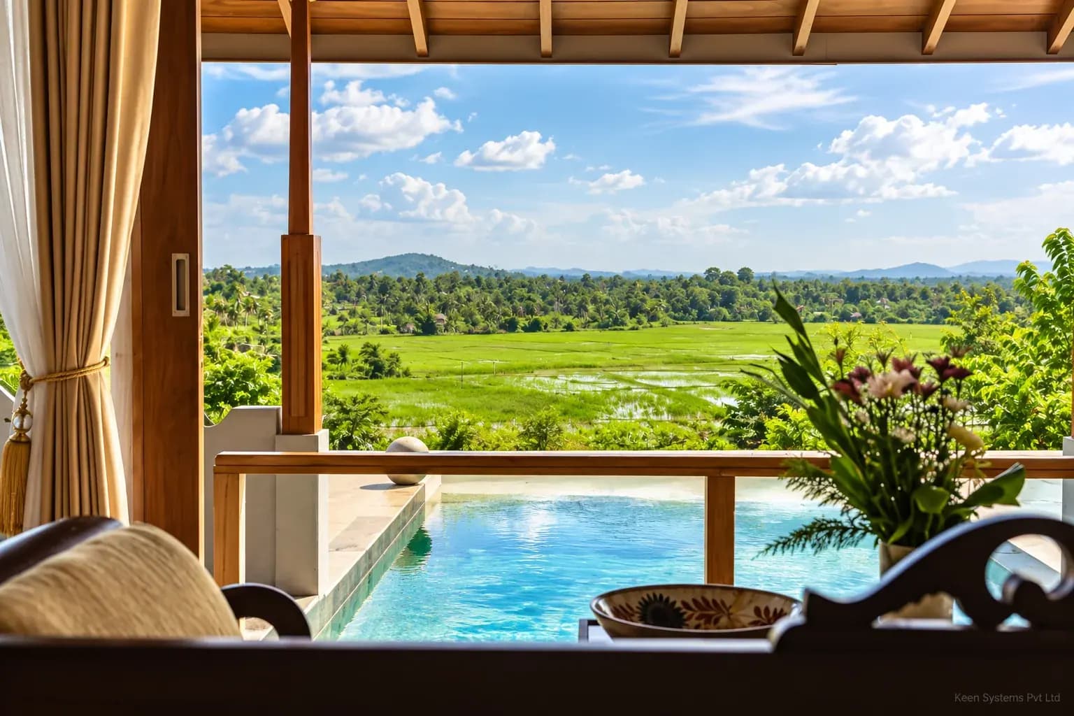 AI-generated pool and rice-field view from The Monkey House