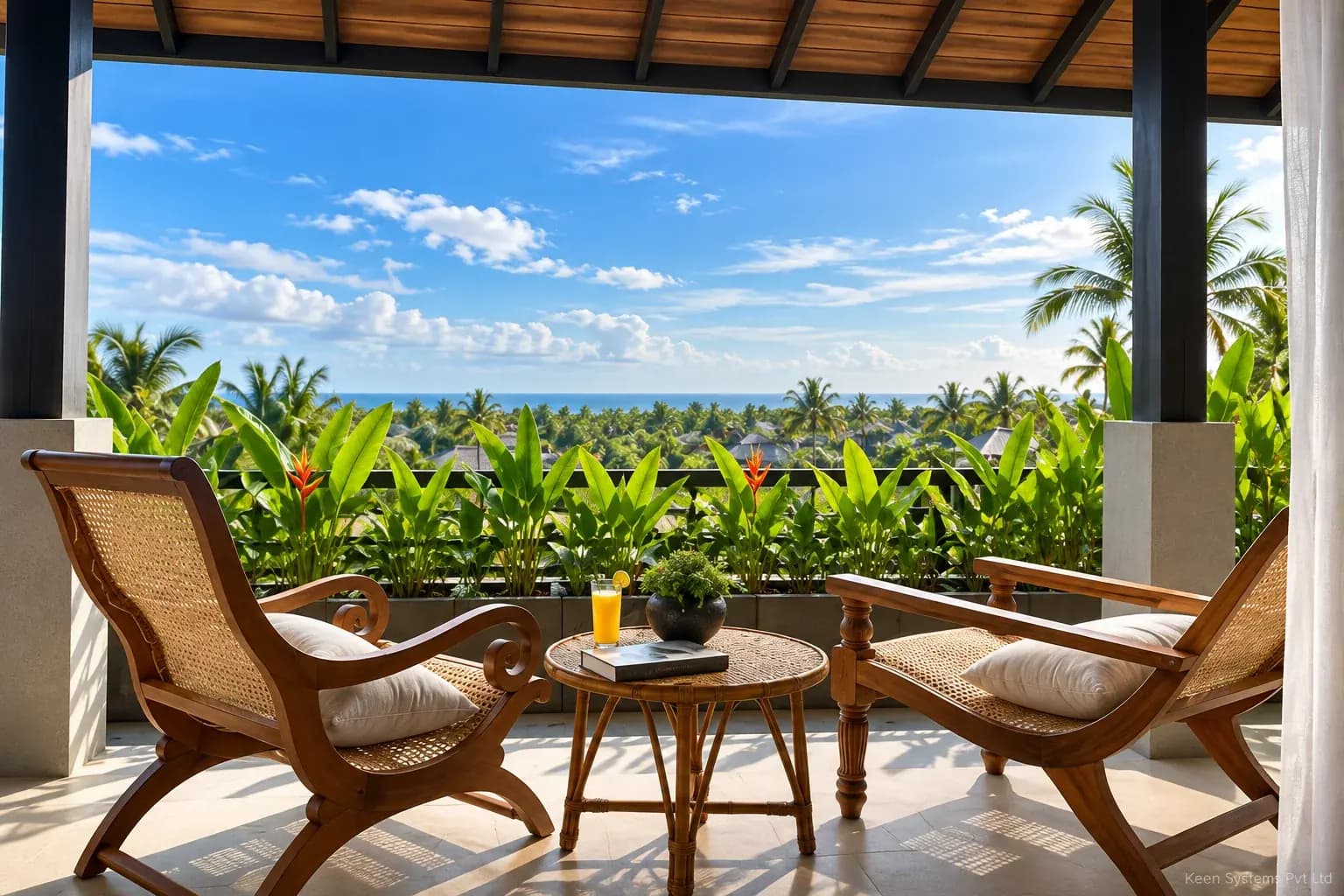 AI-generated terrace seating and tropical outlook at The Monkey House