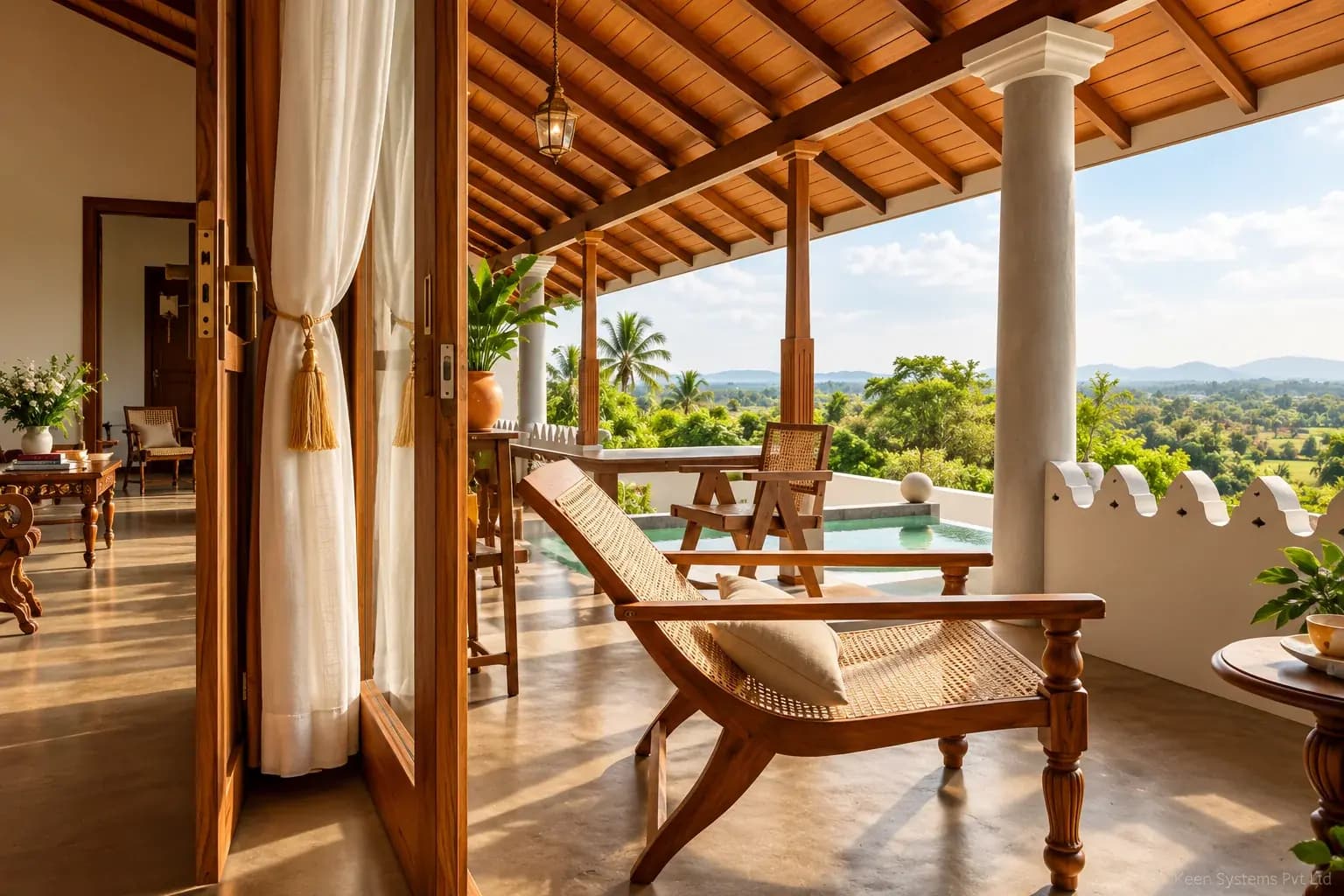 Villa veranda and interior view showing a design-sensitive Wi-Fi installation