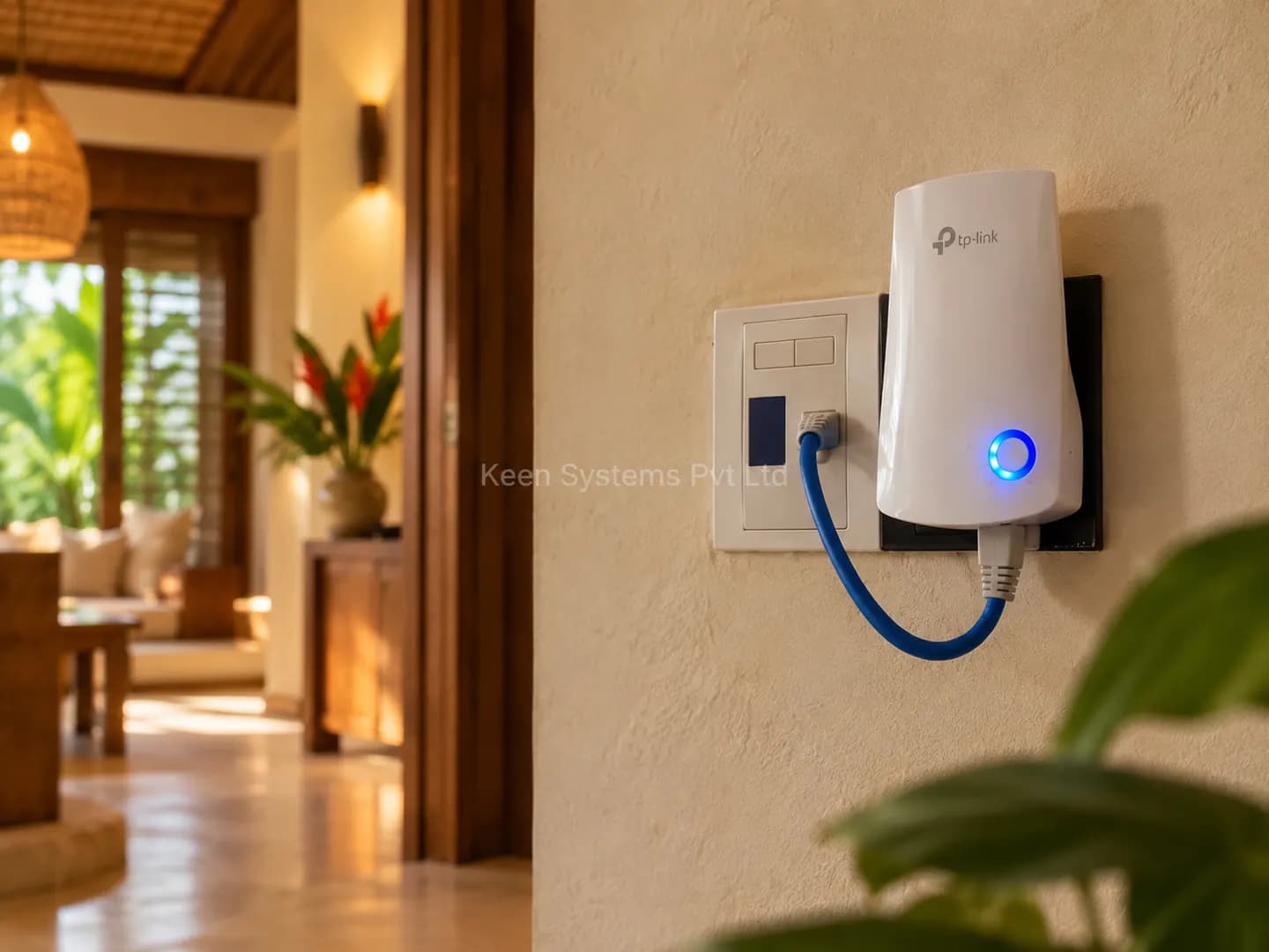 Wall-mounted Wi-Fi access point viewed from a villa hallway