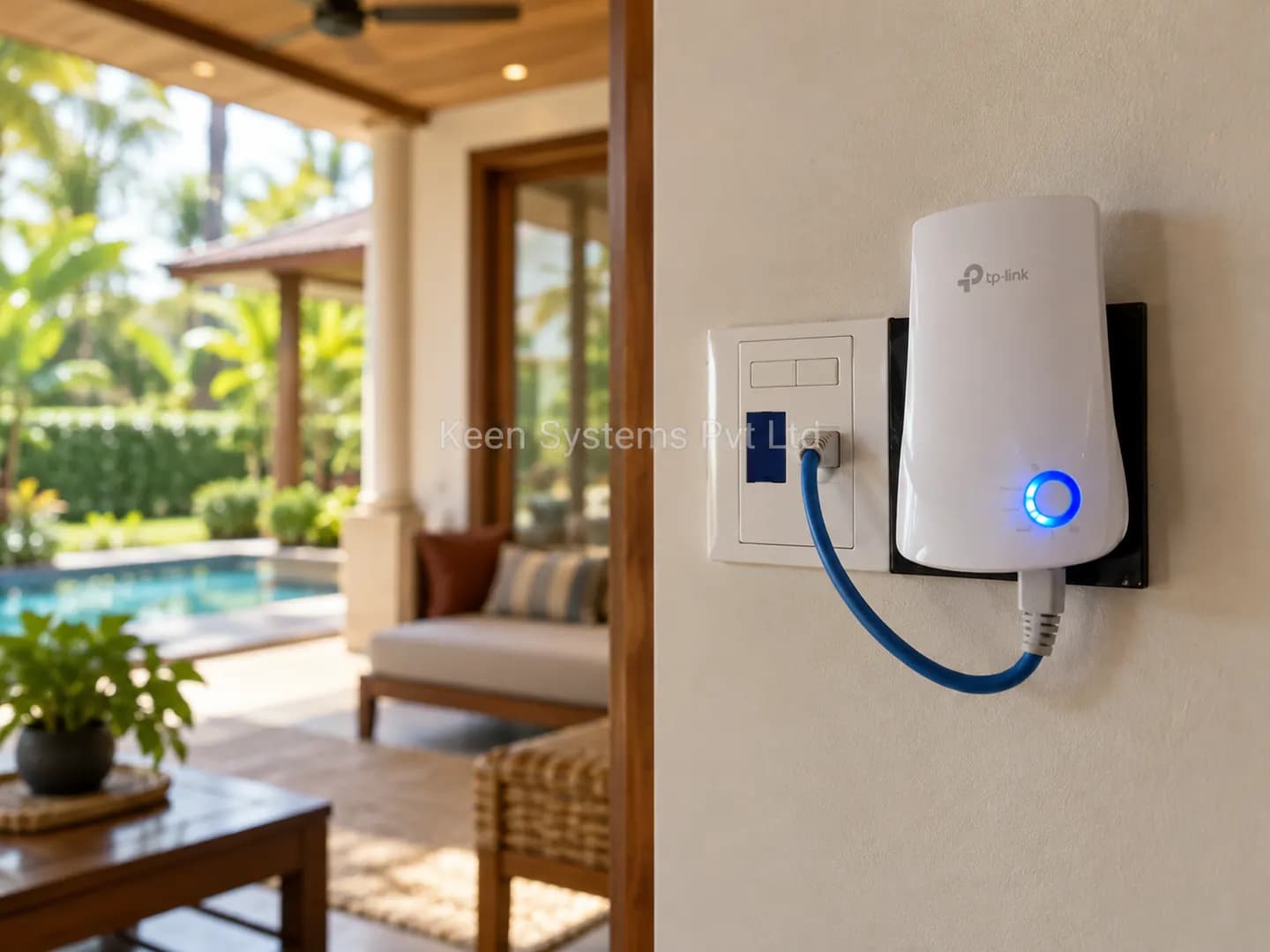 Wall-mounted Wi-Fi access point in a villa living area