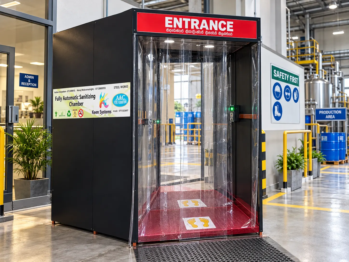 Custom sanitizing chamber with branded panel at an industrial entrance