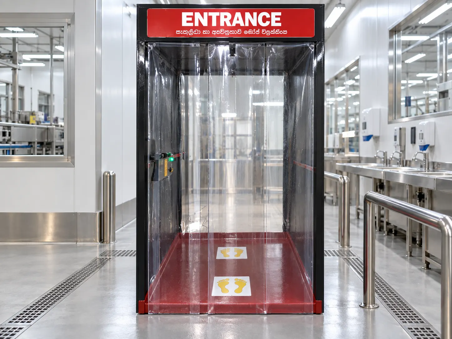 Personnel-entry sanitizing chamber positioned in a controlled production area