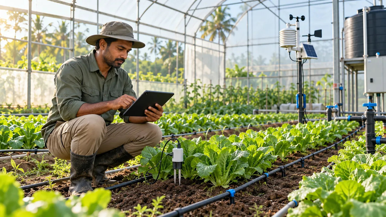 Agronomist beside drip irrigation and soil sensors in a tropical greenhouse