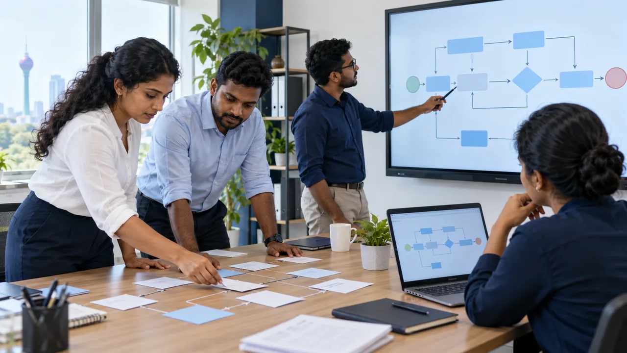 Illustrative business team reviewing an AI-assisted conversation workflow