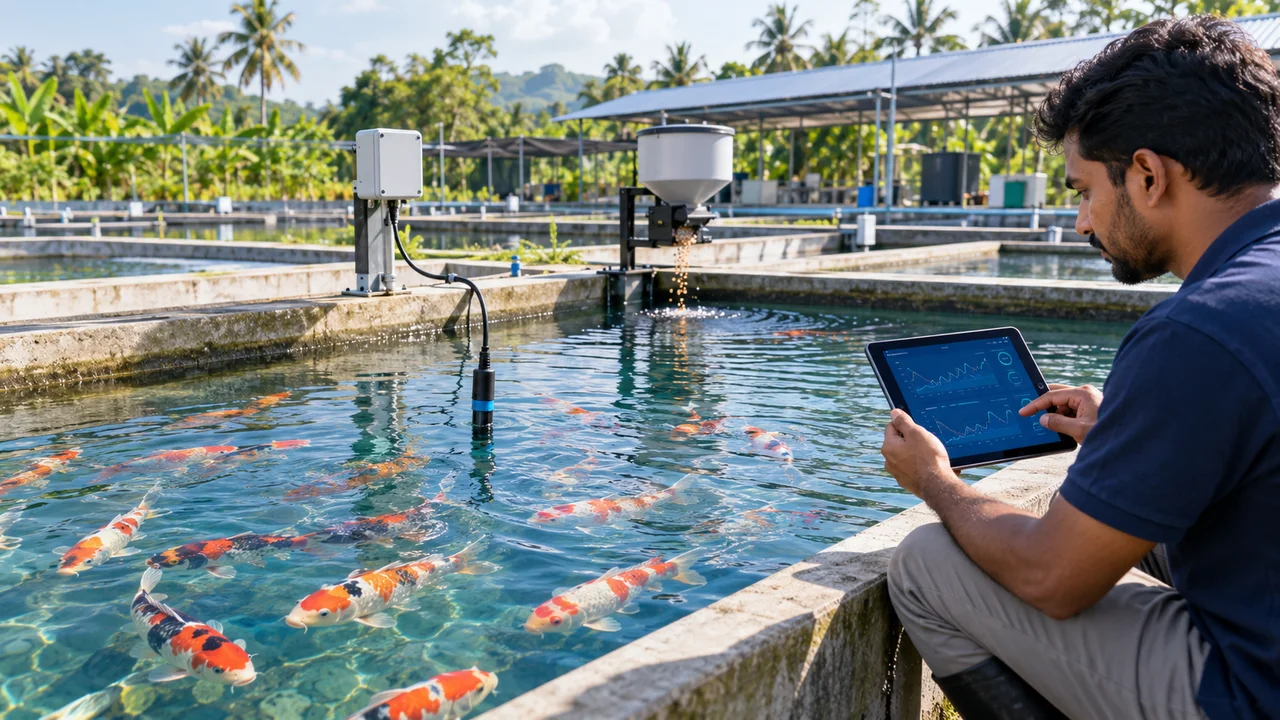 Koi-farm technician reviewing a monitoring tablet beside water-quality sensors and an automatic feeder