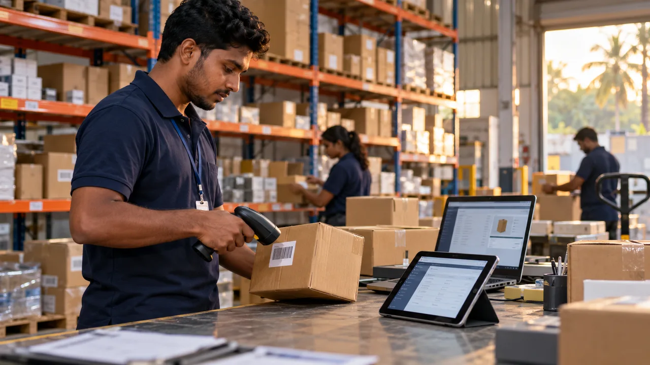 Warehouse operator scanning a parcel beside a connected inventory workstation