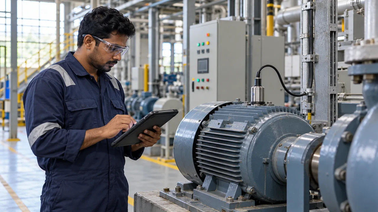 Maintenance technician checking a connected sensor on an industrial motor