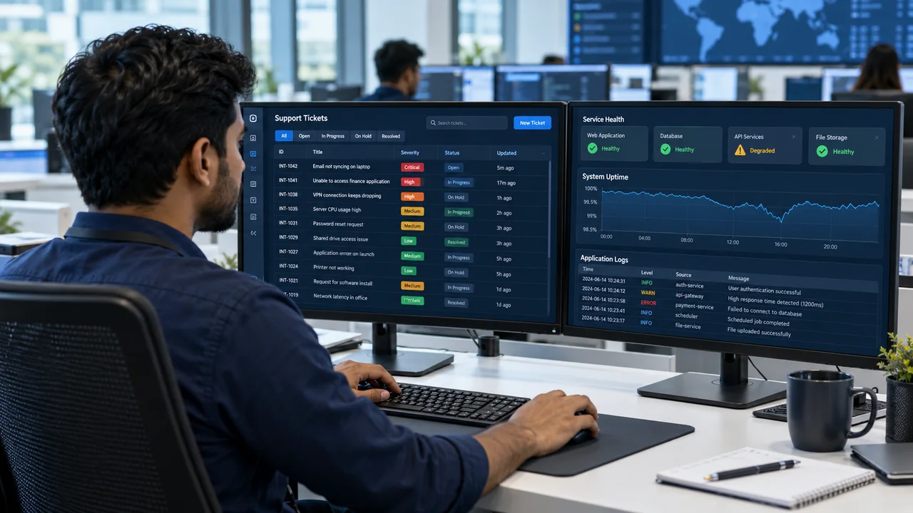 Support engineer reviewing a ticket queue, service health and application logs on two monitors