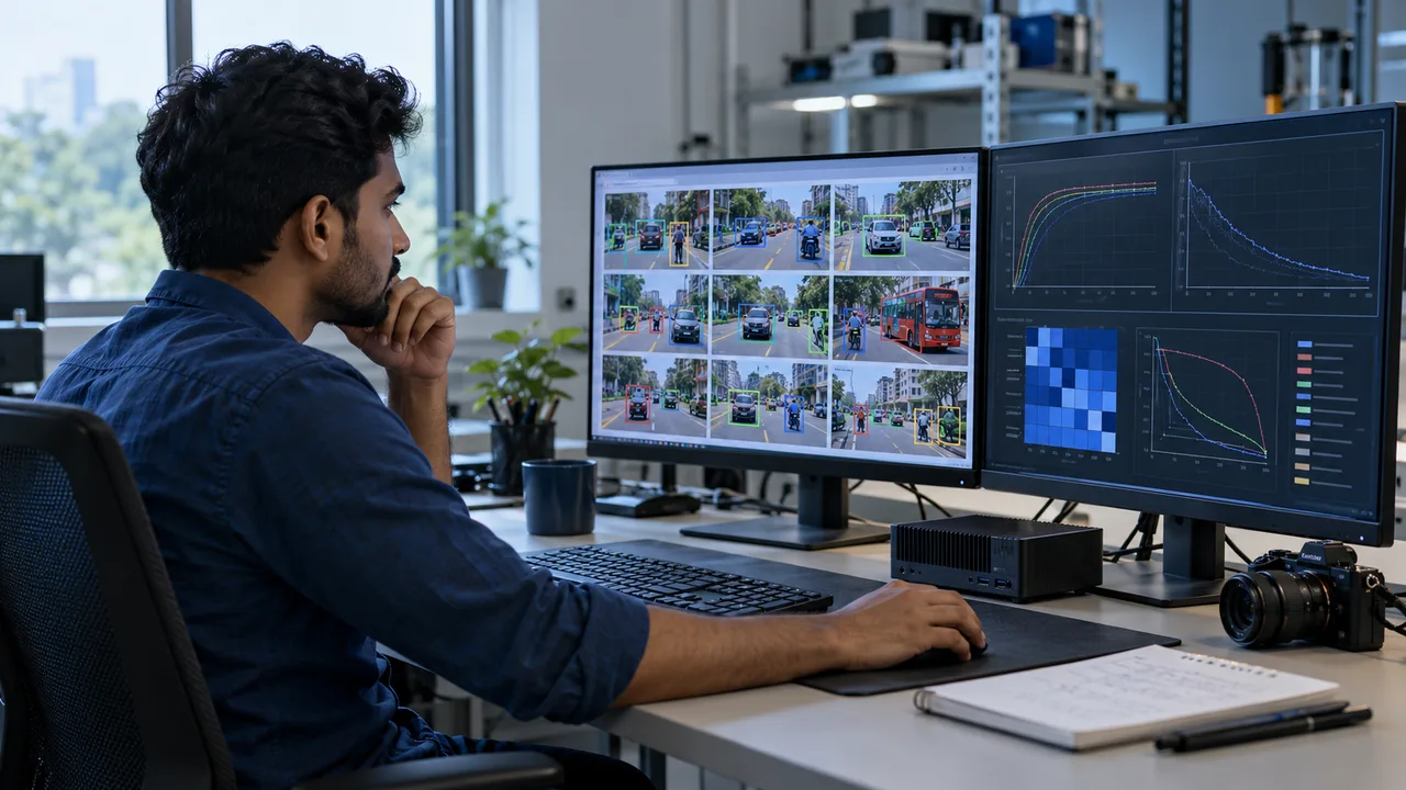 Engineer evaluating labelled datasets and model results at a workstation