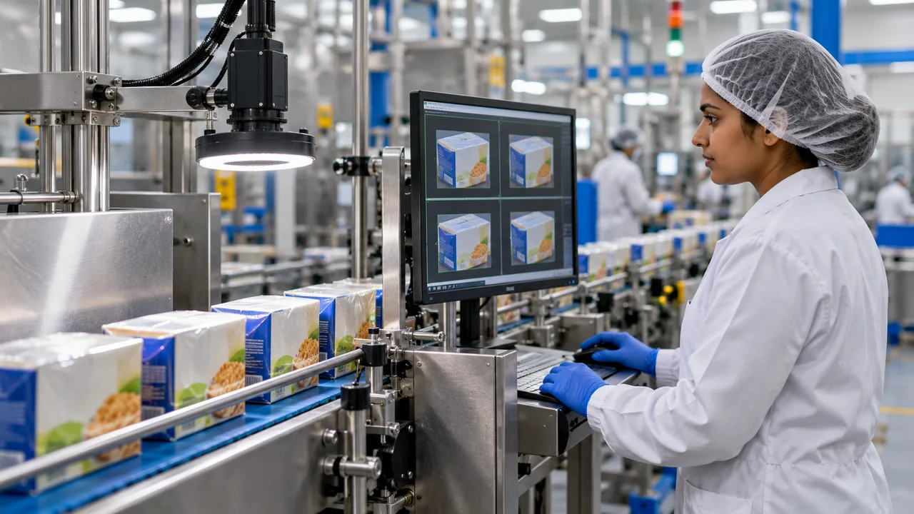 Quality engineer reviewing camera-based inspection on a food-packaging line