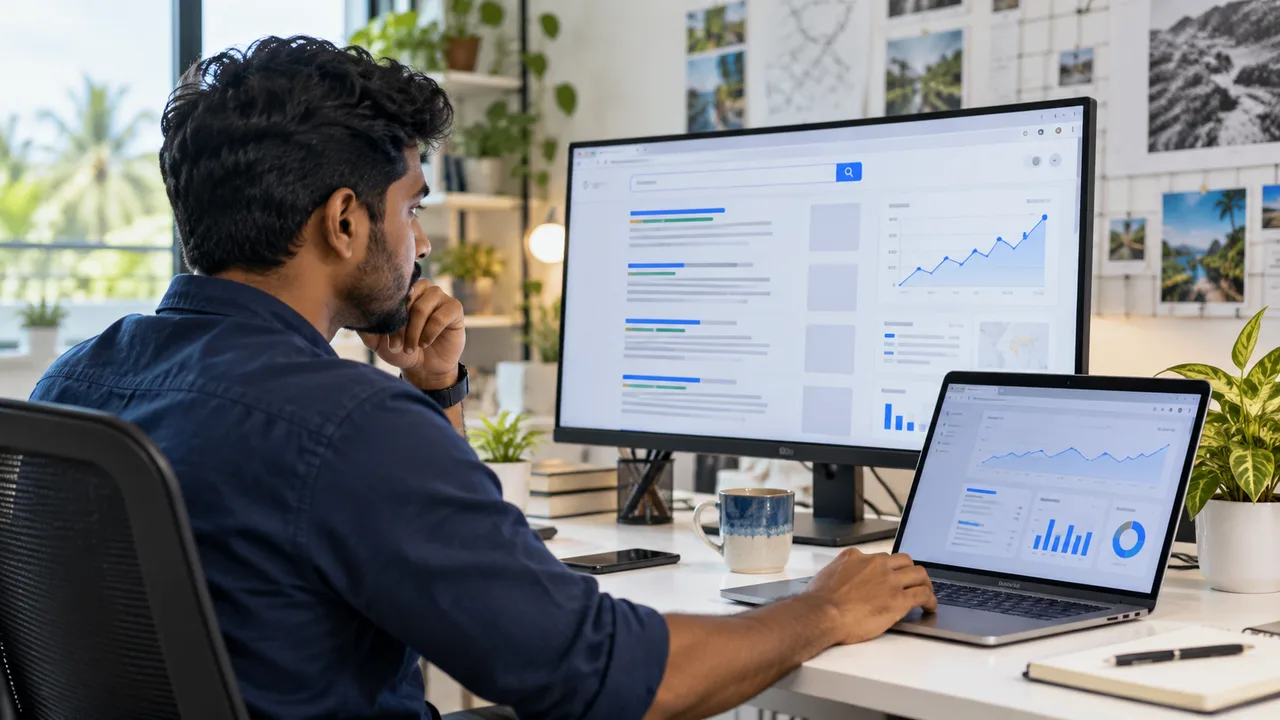 Developer reviewing a website, search layout and analytics on two screens