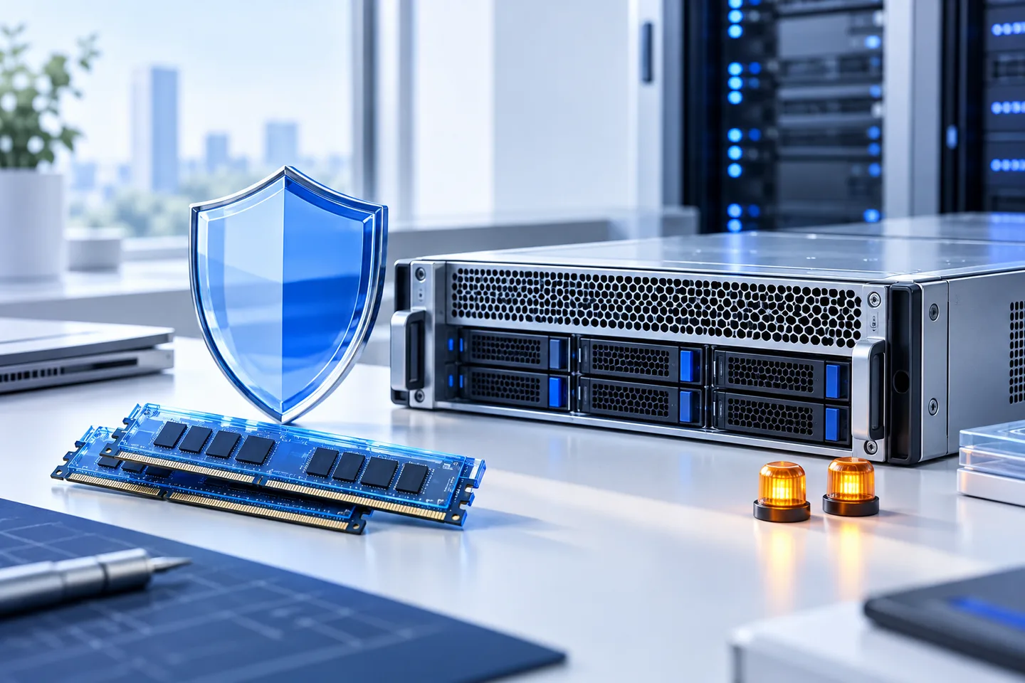 Editorial illustration of server hardware, memory modules and a blue shield representing PHP runtime security