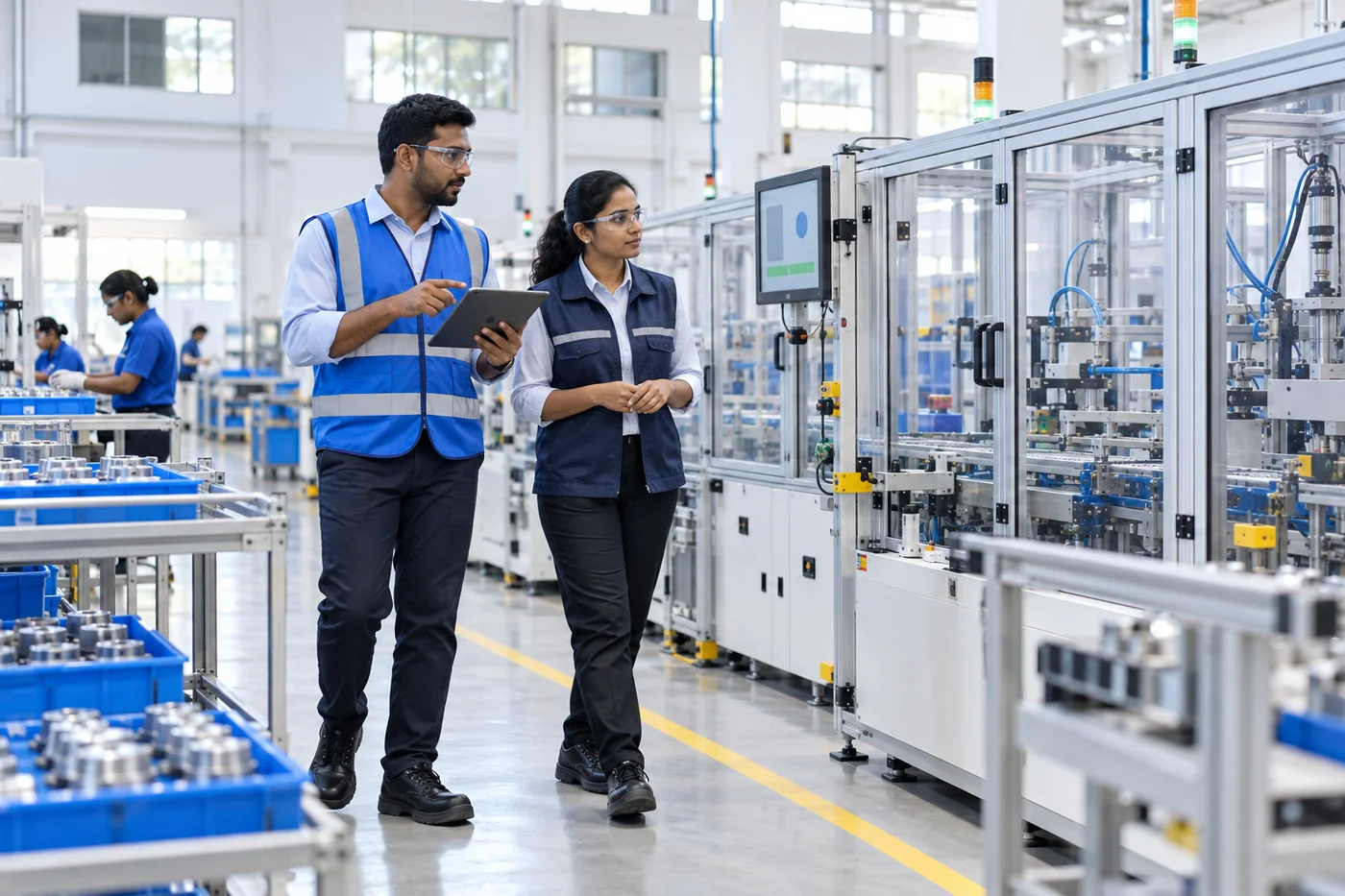 Illustration of factory engineers reviewing production information